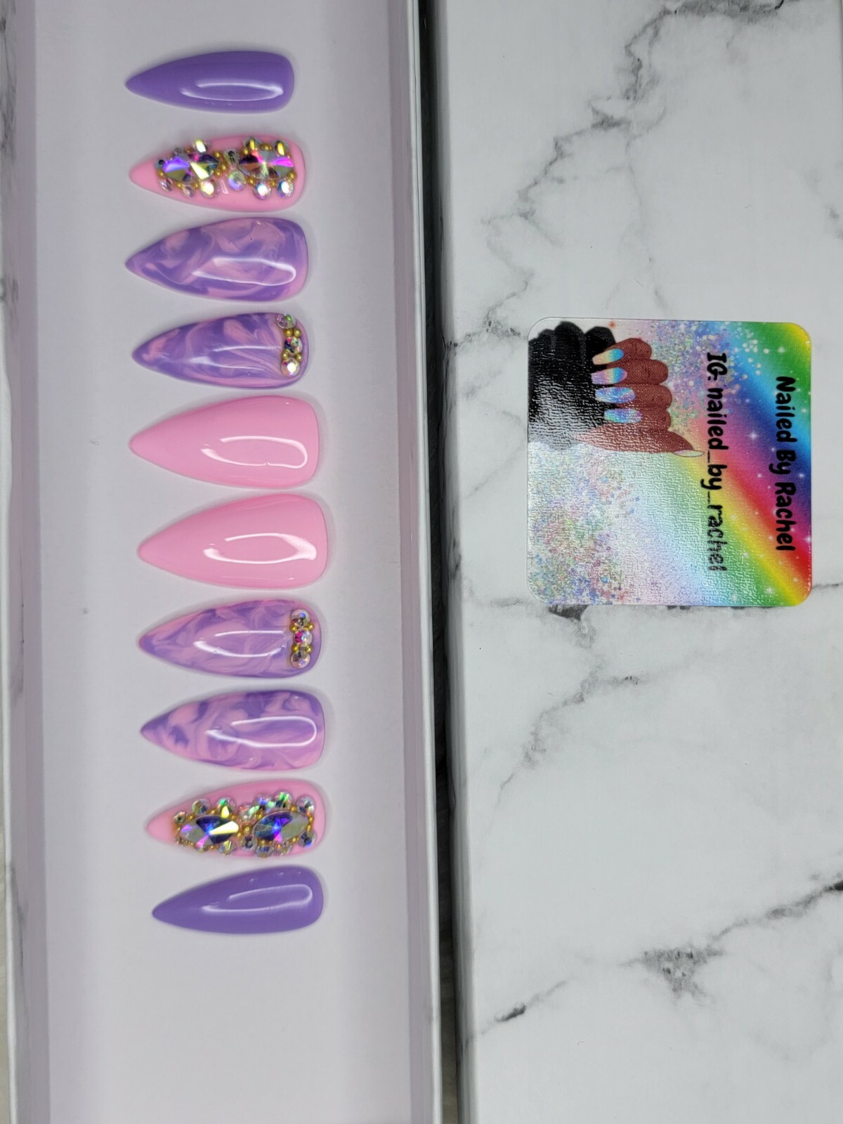 Pink & purple marble bling press on nails stiletto watercolor spring pastel nail