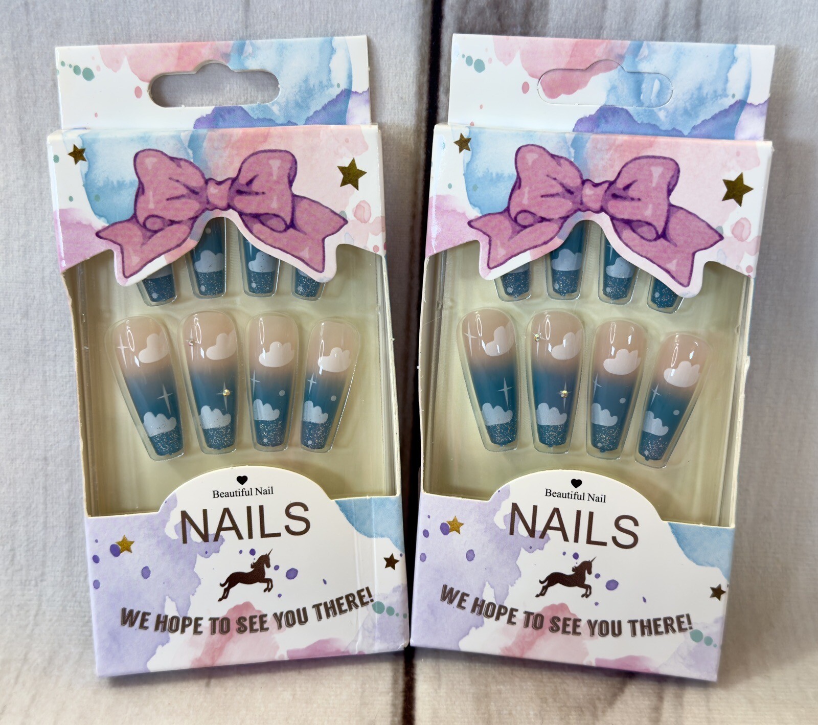 x2 Lot False Nail Sets Artificial Press On Glue Nails Ombre Blue French Cloud