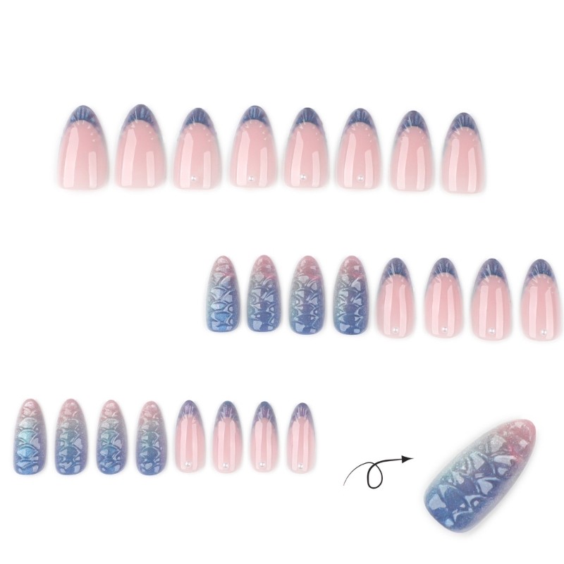 Salon Quality French Blue Fish Scale Press On Nail Almond Shape Easy To Apply