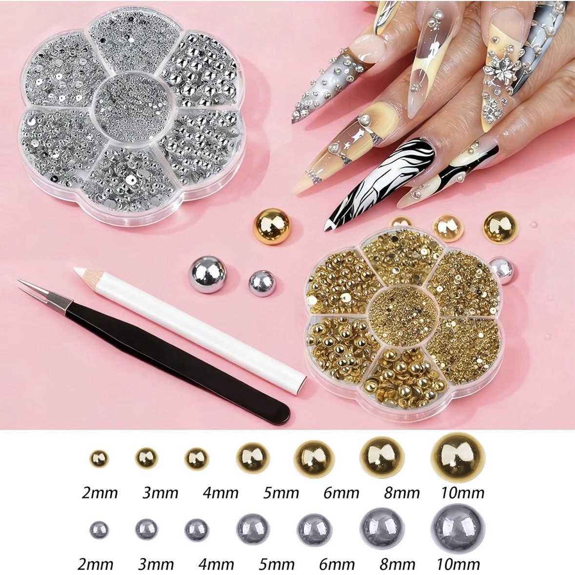 2 Boxes Nail Pearls – Gold and Silver Half round Pearls for Nails with Pickup To