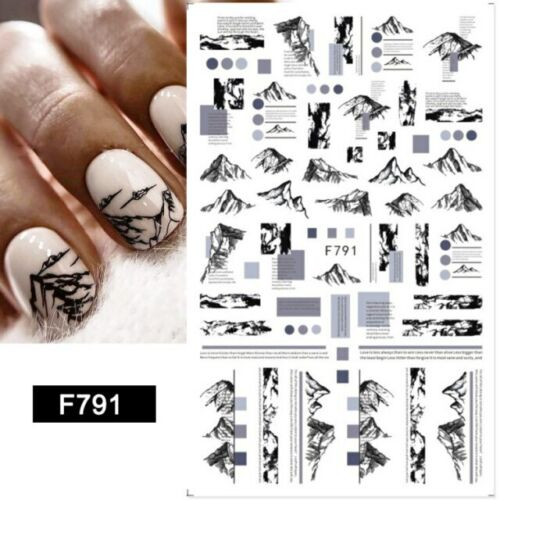 Nail Art Stickers Decal Mountain Newspaper Letters Black White Line F791 NS41