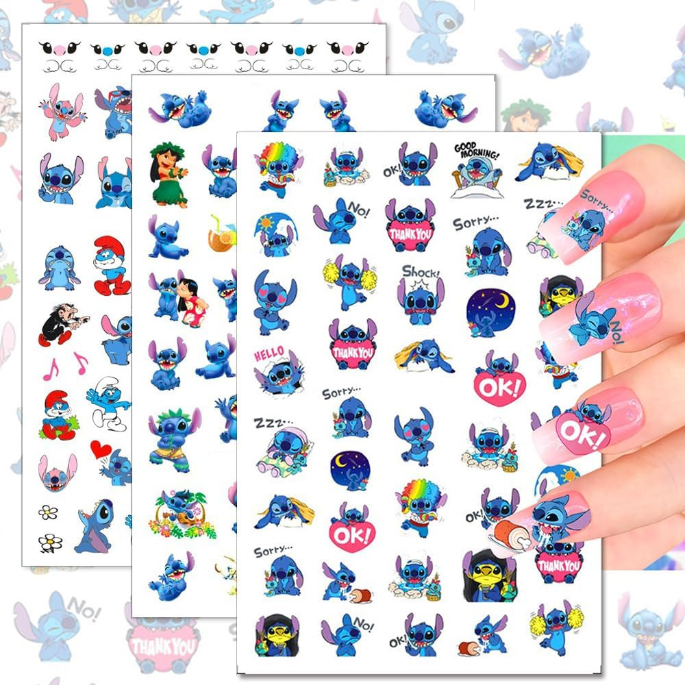 12 Sheets Blue Monster Nail Stickers Decals 3D Cartoon Pink Blue Animal Self Adh
