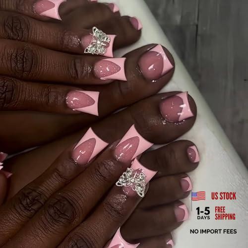 48Pcs Pink French Tips Press on Toenails Short Duck Press on Nails pattern21
