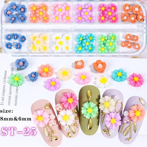 60Pcs Colorful Flowers Nail Charms 3D Daisy Nail Art Charms White Green Pink