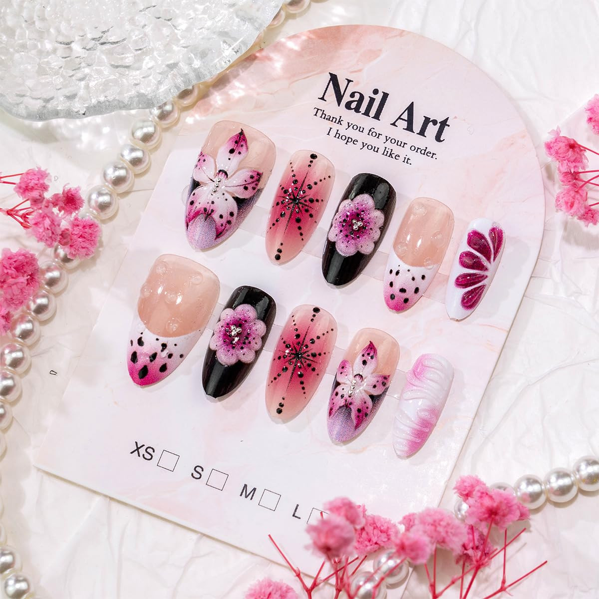 30Pcs 3D Flower Press on Nails Medium Almond Fake Nails Purple Pink Nude Gradien