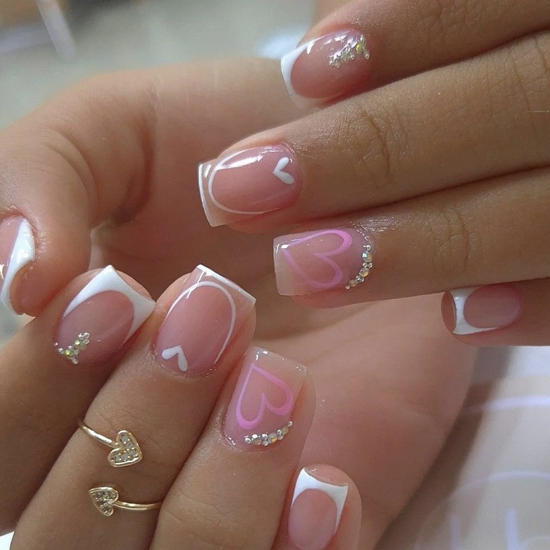 48 Pcs of Wearable Short Square White Minimalist French Pink Removable Fake Nail