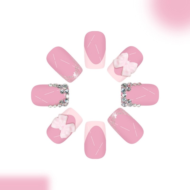 Pink Bows Fake Nail Snugly Fit Almond Shape Florals Design Artificial Nail