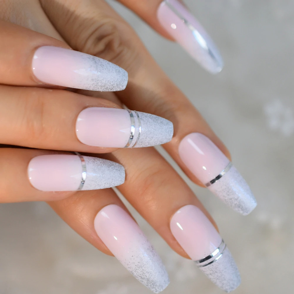 Pink Ombre French Tip Square Coffin Extra Long Fake Acrylic False Press On Nails