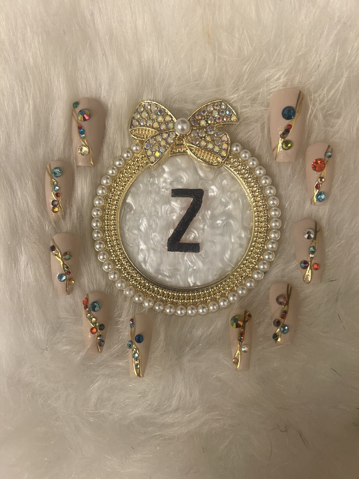 Z NAILZ! Gorgeous Handmade Set Of M Coffin Beige W/multicolored Stones Press Ons