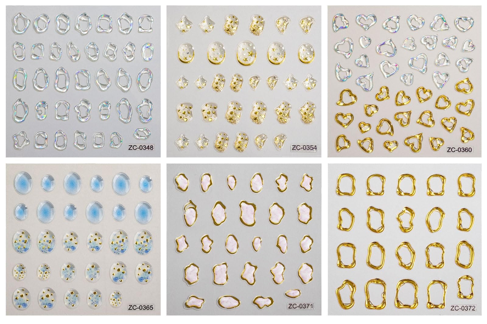 6 Sheets 3D Embossed Gold Irregular Geometric Nail Art Stickers Decals Self