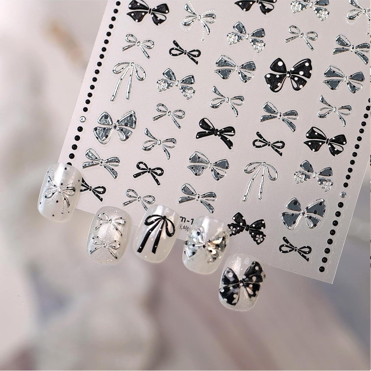 Black Silver Bow Nail Stickers Polka Dot Bowknot Metallic Nail Art Decals | Y2K