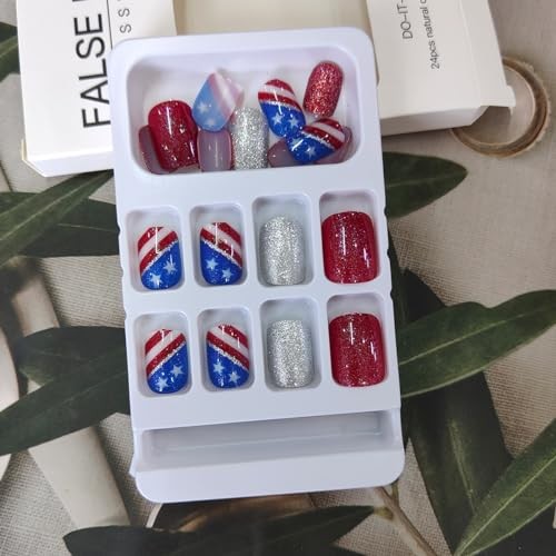 4th of July Press on Nails Short Fake Nails Red Blue White American USA Flag 1