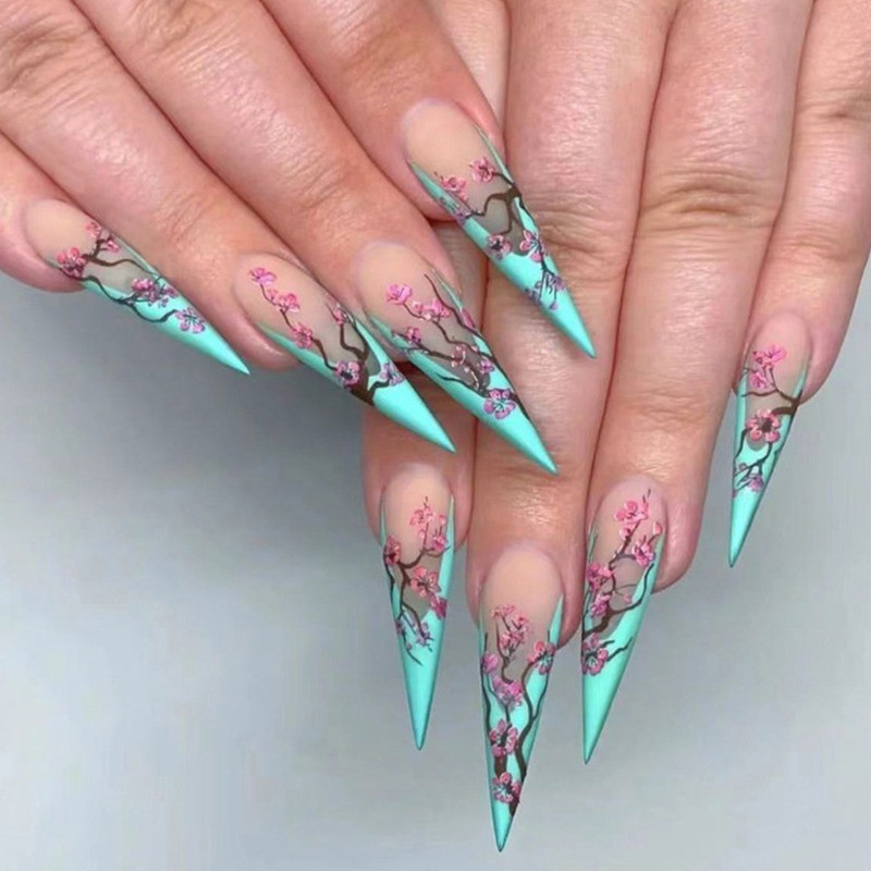 48pcs-Nude Turquoise Stiletto Nails, Press on With Pink Cherry Blossom Accents