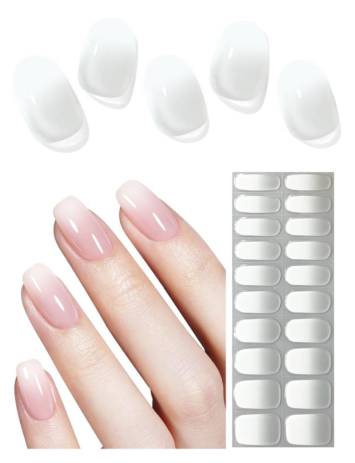 Pegatinas uñas de gel UV, efecto degradado lechoso, 20 tiras de gel semicuradas.