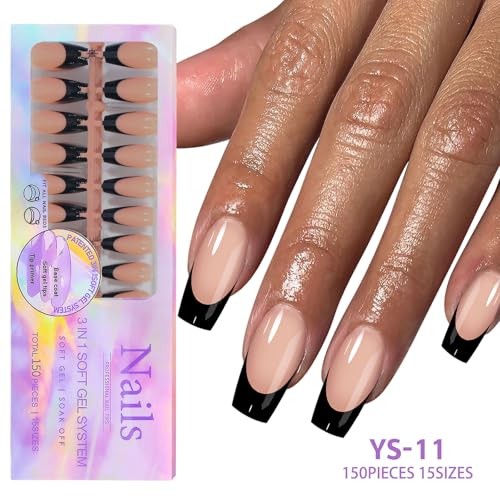 150Pcs Black French Tip Press on Nails Medium Coffin Fake Nails 0812 0812-011