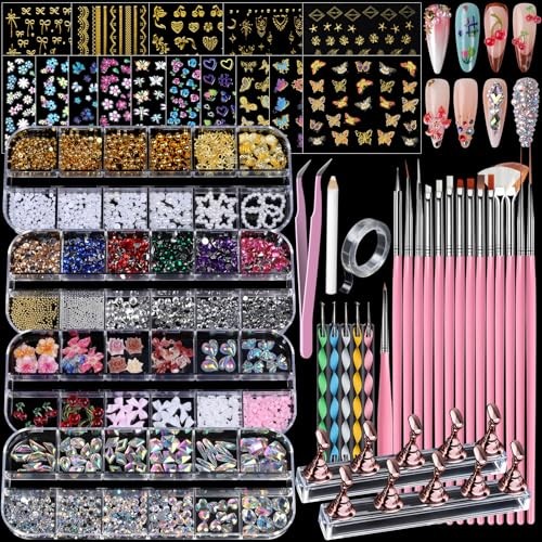 4 Boxes Nail Charms and Gems Set, Nail Rhinestones Nail Kit with Nail Art