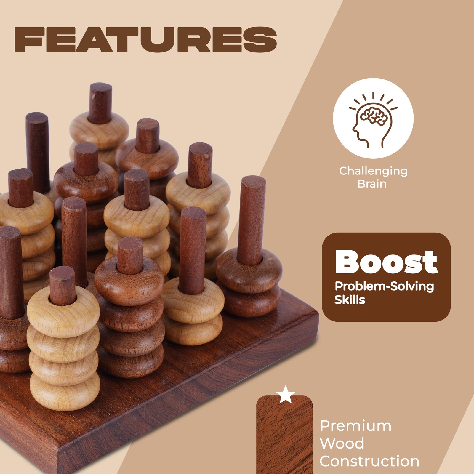 Ajuny 3D Connect Four in a Row Wooden Strategy Game 6 x 6 x 3.5 inch, Brown