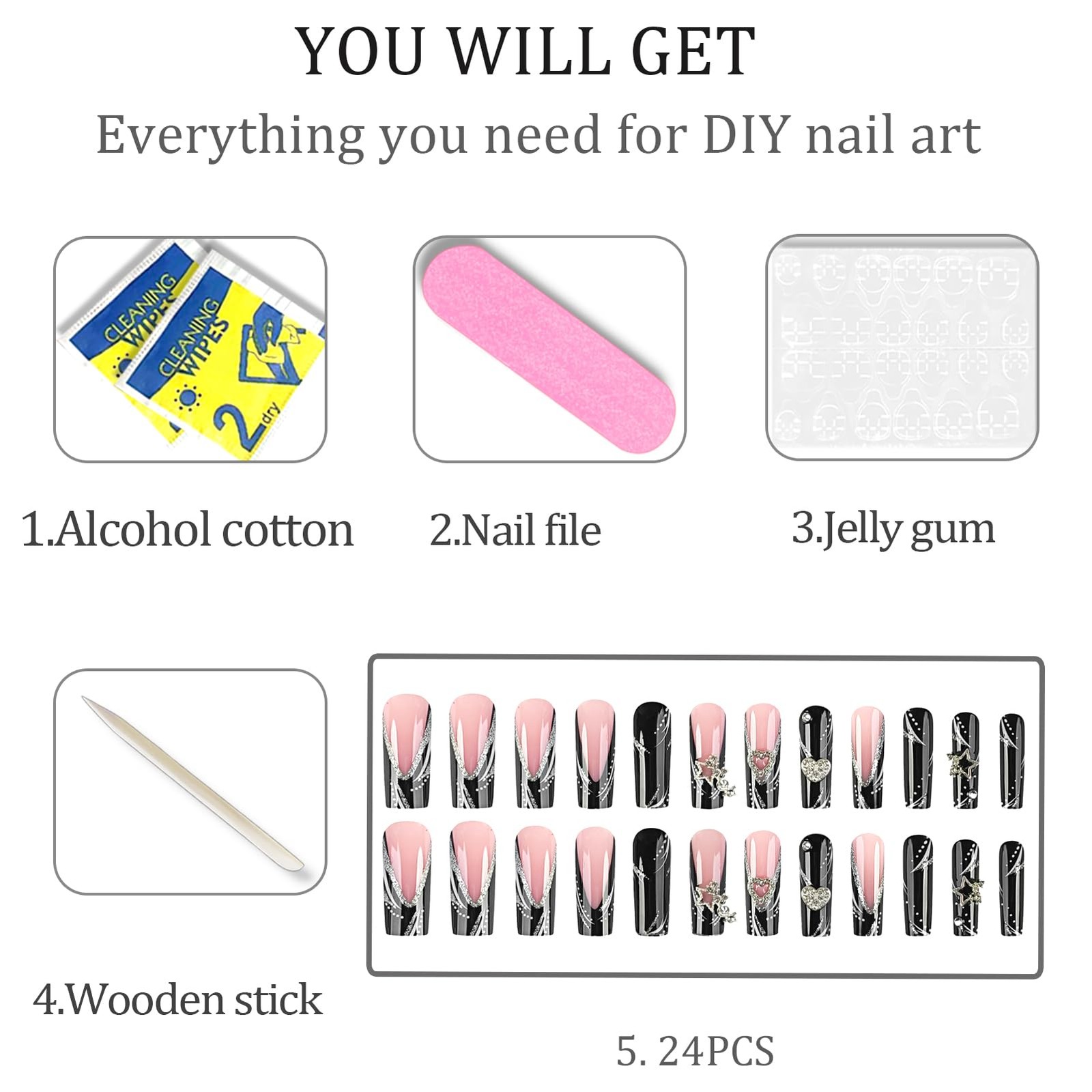 Long Press on Nails Black French Tip Long Fake Nail Coffin Press on Nails Squ…