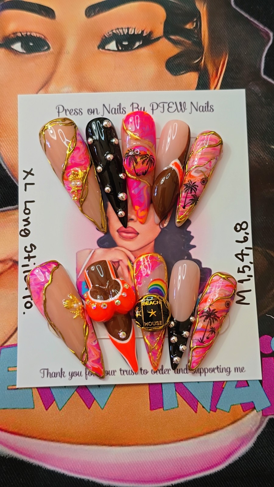 Handmade Gel Press On Nails,3D Summer Set Medium Size 1,5,4,6,8 XL Long Stiletto