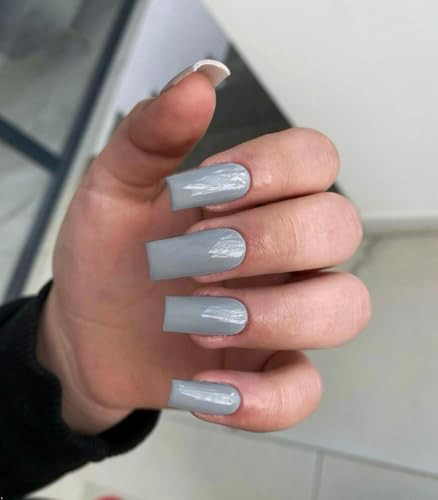 Dark Grey Press on Nails Medium Long Square, Acrylic Fake glossy dark grey