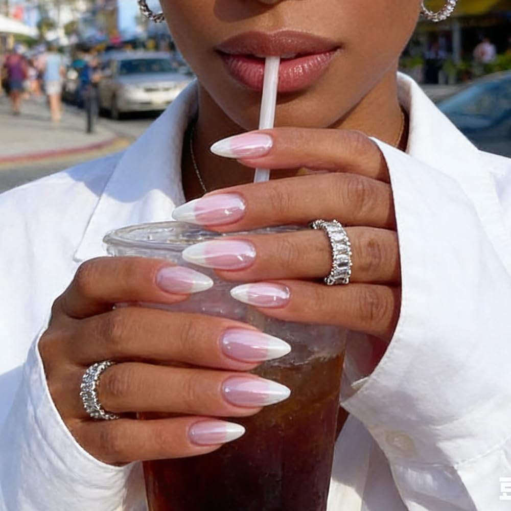 Press On Nails Almond Fake Nails French Tip False Nails Press ons Medium Glue on
