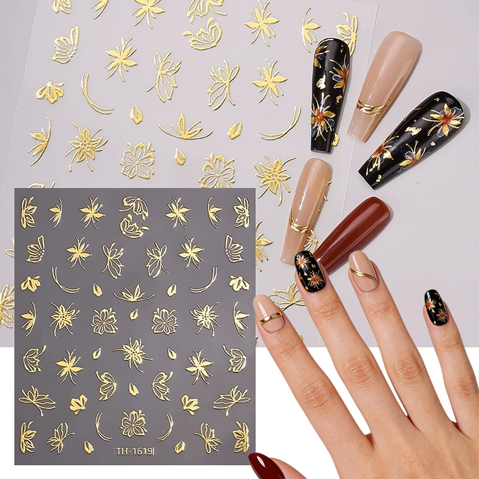 6 Sheets Gold Nail Stickers Set 3D Flower Leaf Butterfly Nail Art Stickers, -…