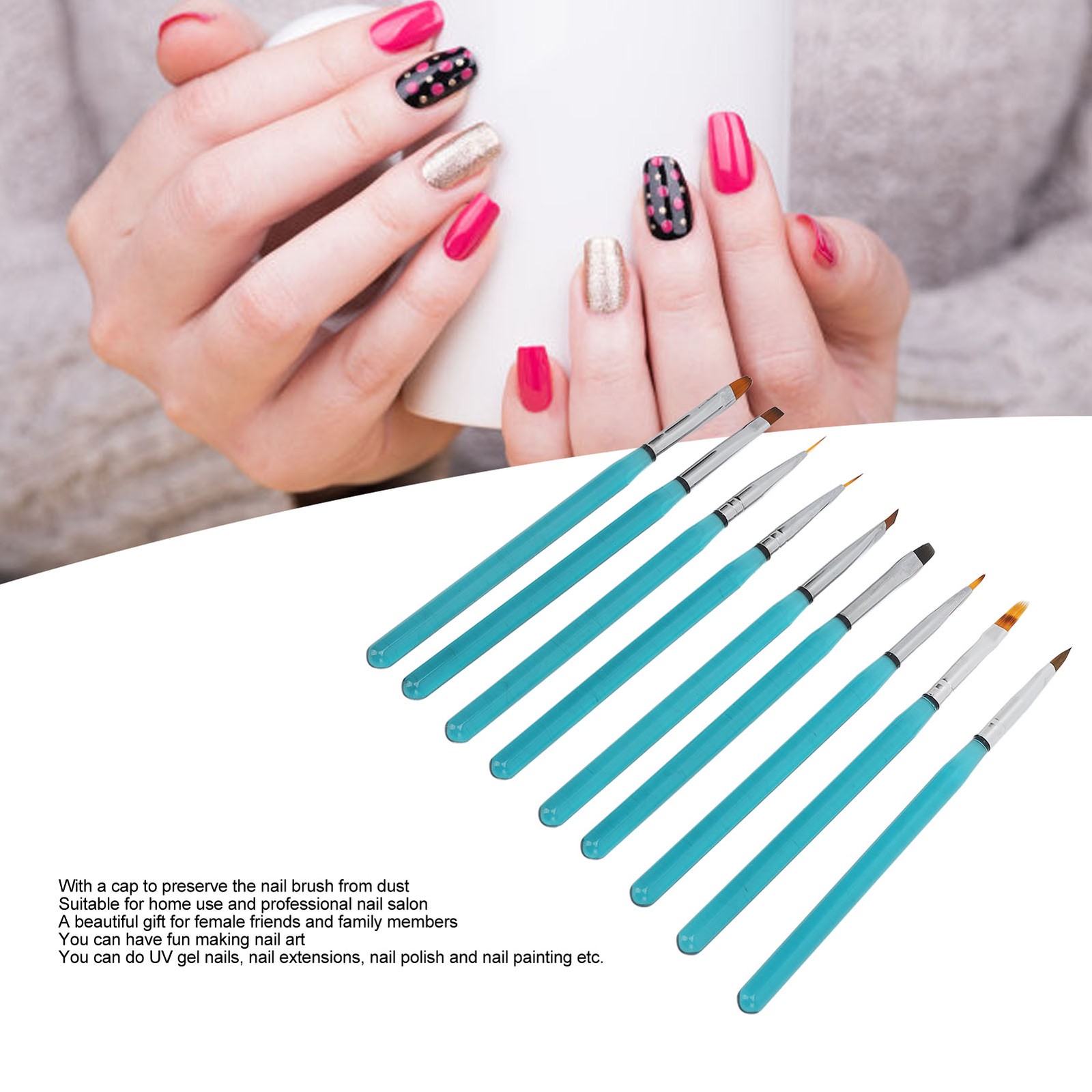 9Pcs Nail Art Brush Set Nylon Hair Blue Metal Rod