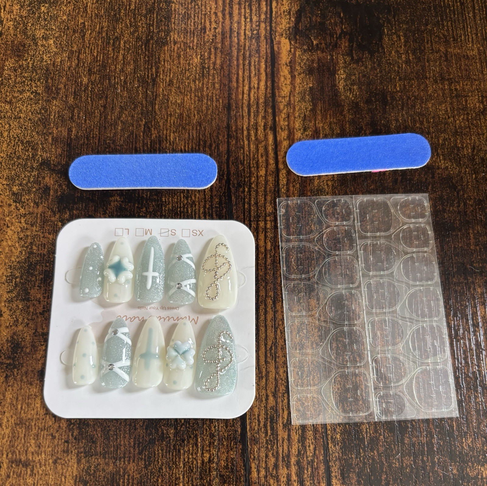 White Silver Blue Glitter Long Almond Press-On Nails Set, Cross, Full Cover