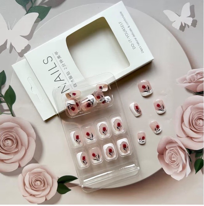 Press-On Nails Set, Pink Red White Black, Flower French, Short Square. Full Set