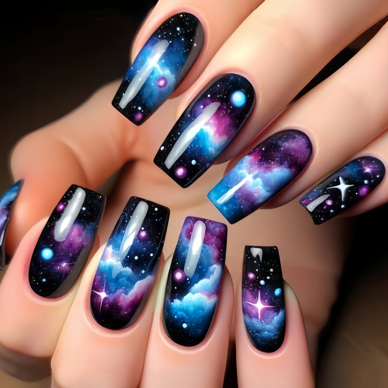 96PCS(4Pack) Cosmic Galaxy Press On Nails Night Sky Ready-to-Wear Wearable Nails