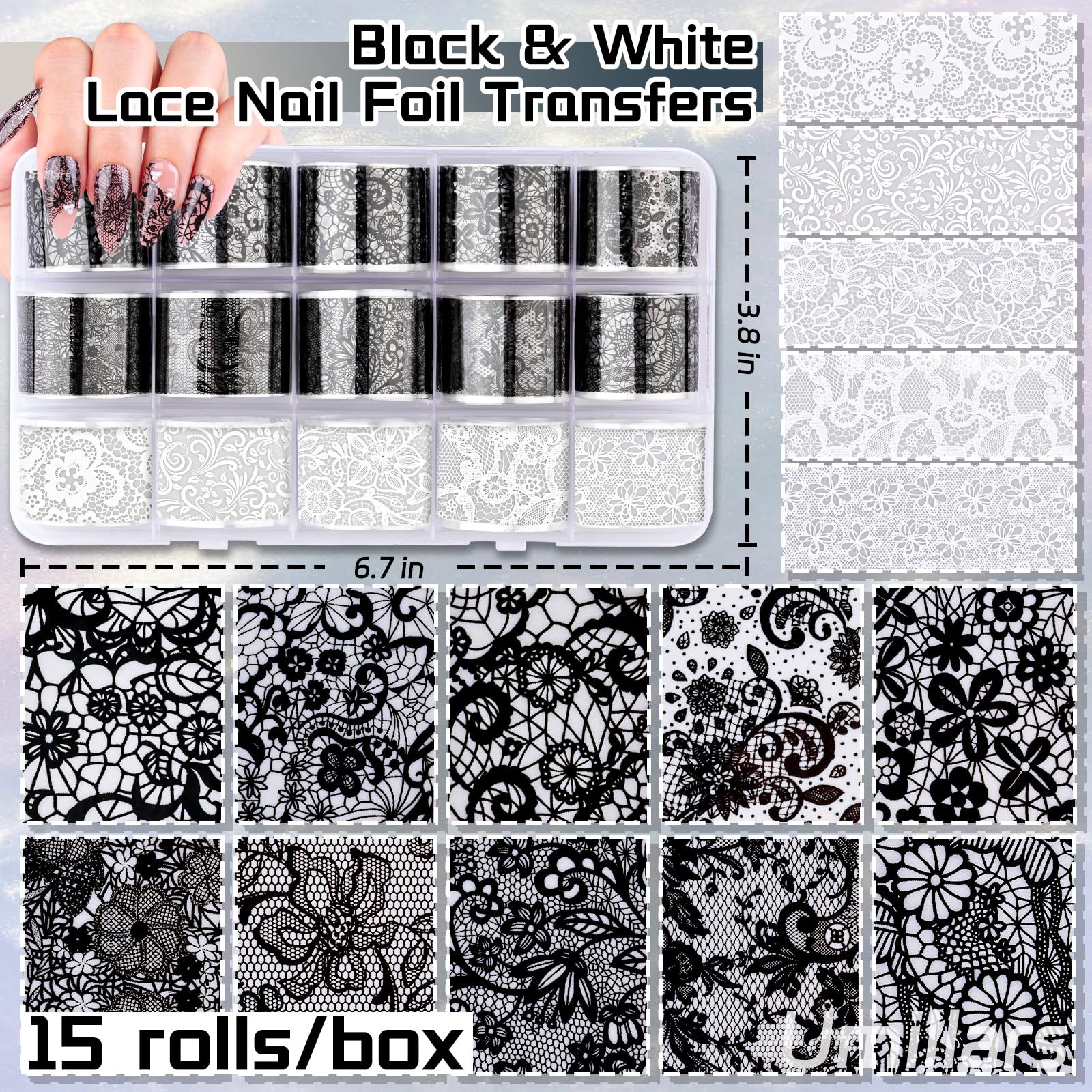 15 Rolls Black White Lace Nail Foil Transfer Stickers, Nail Lace Flowers Stic…