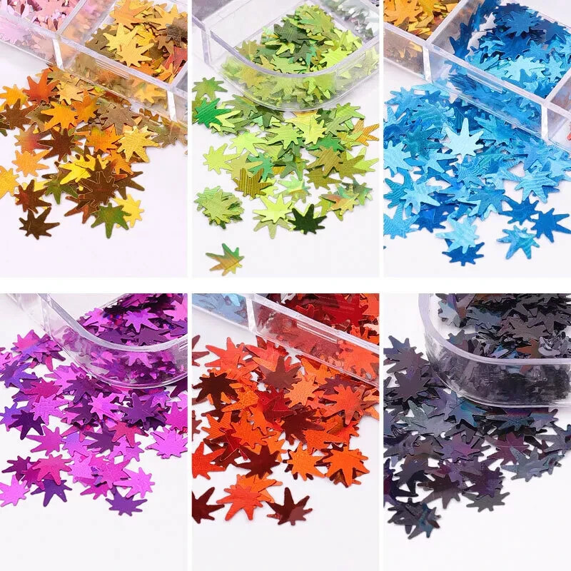 12 Colors Holographic Maple Leaf Nail Art Flakes Fall Leaf Glitter Nail Sequins