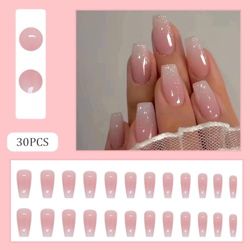 Coffin Press On Nails Medium Fake Nails with Ombre&Glitter Nail Press Ons