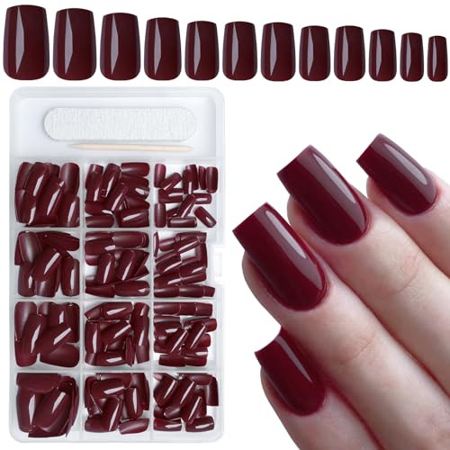 240pcs Burgundy Press on Nails Medium Square Fake Nails, Glossy Acrylic Press