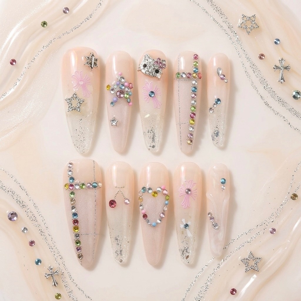 Y2K Kawaii Press On Nails | Colorful Crystal Star & Heart 3D Reusable