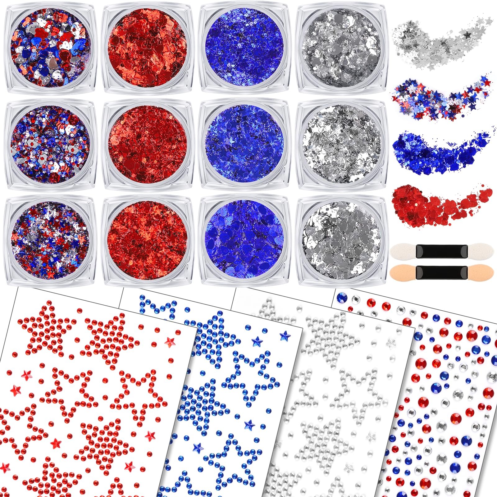 Red White and Blue Body Glitter Gel with Face Gems Set, 4th of July Patriotic Fa