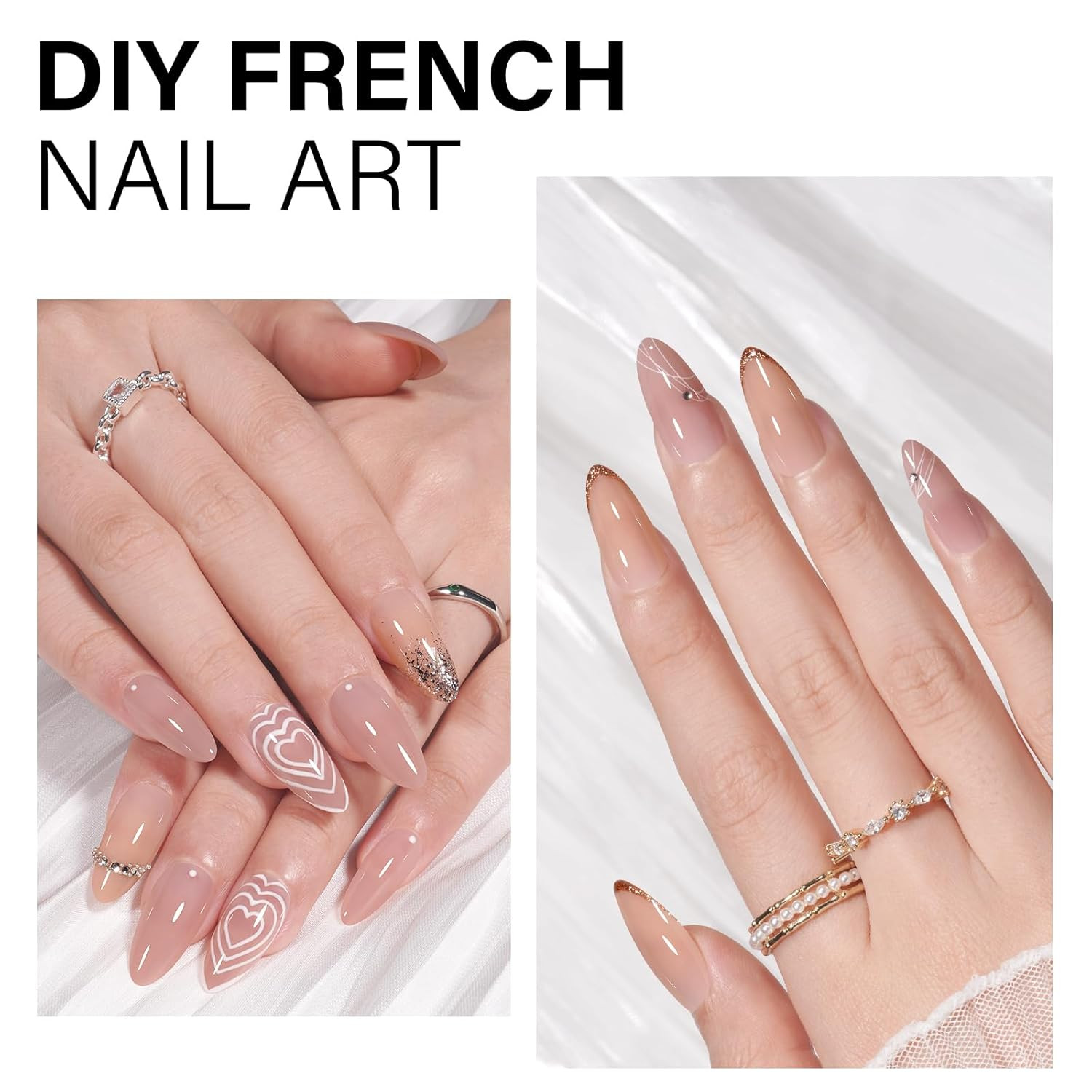 AILLSA Press on Nails Almond 140 PCS Fake Nails 4 in 1 Medium Glossy Nude Nails