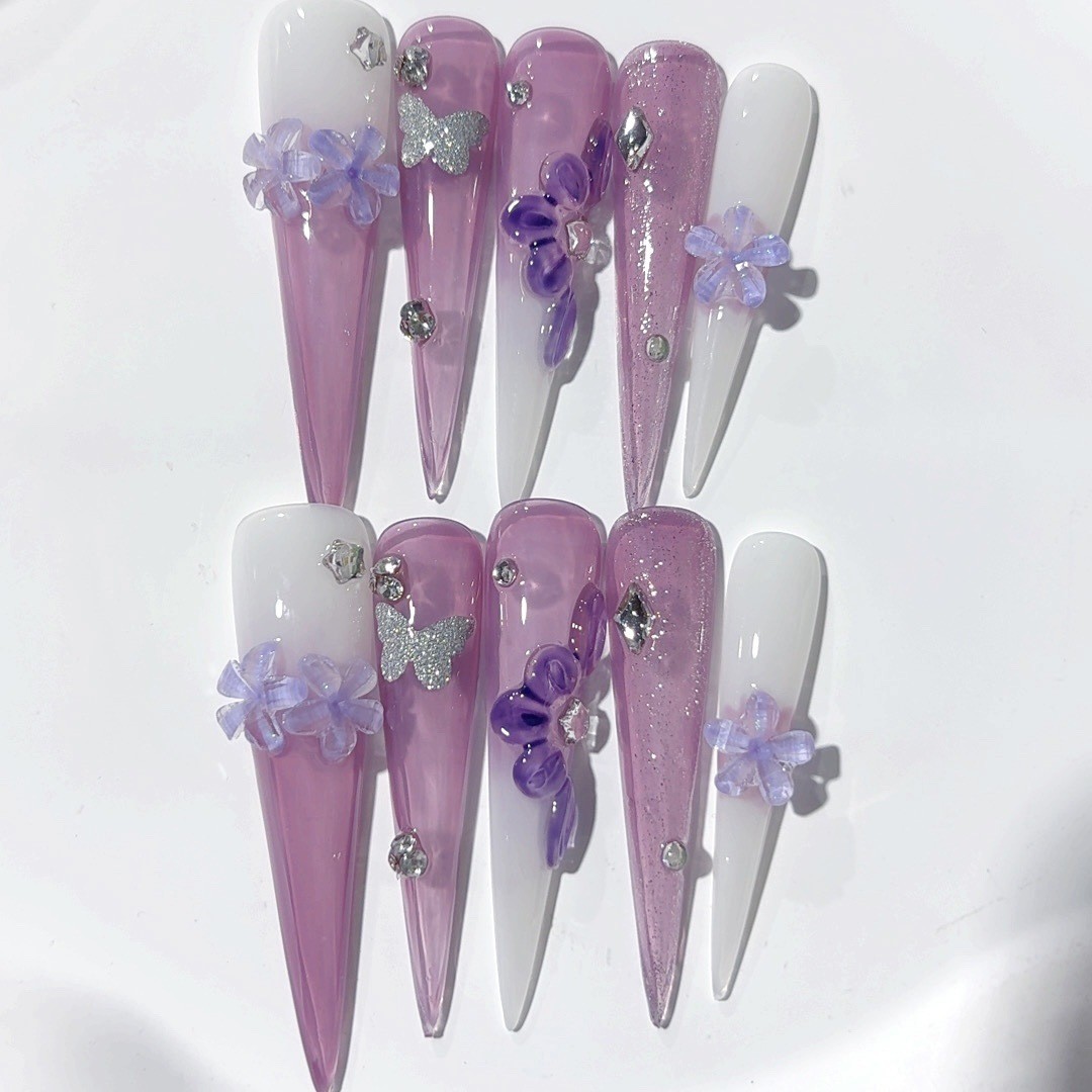 10Pcs Purple White Gradient 3D Butterfly Long Stiletto Press On Nails For Party