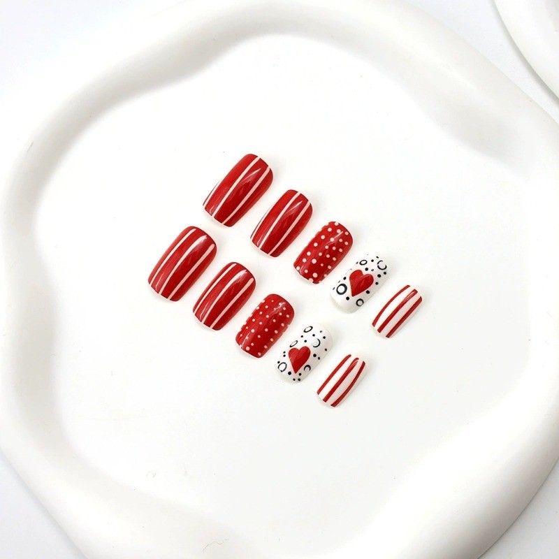 48PCS Women’s Red Square Long Nails with Red Border Heart-shaped Nail Art