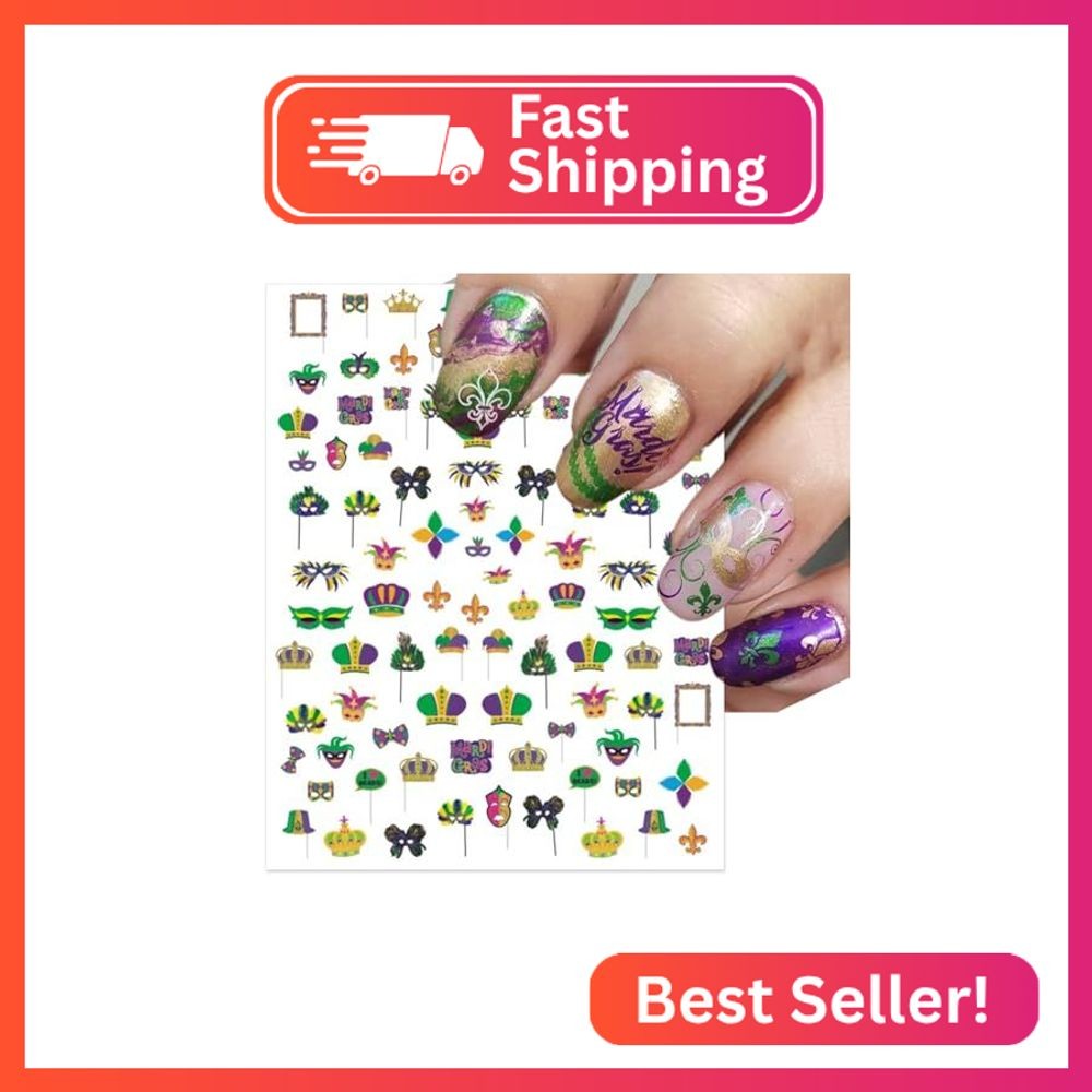 IDDFEVE Mardi Gras Carnival Nail Art Stickers – 3D Masks, Beads, Fleur-de-lis, H