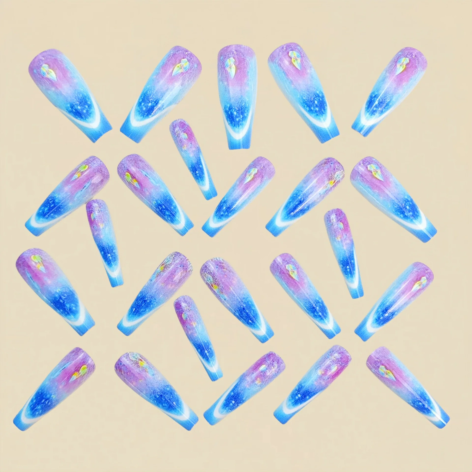 Strip Grid Print French Ballet Shape Medium Long Full Cover Press On Fake Nails