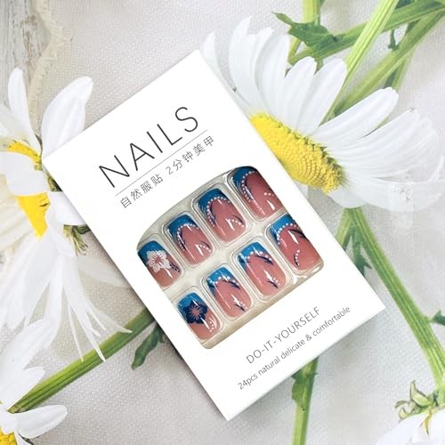 Press on Square Nails – Short Length Glossy Full Cover – Blue, French, Floral