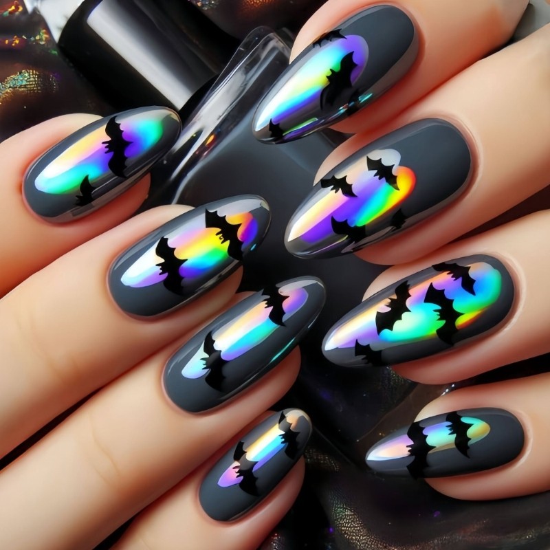 24pcs/set Halloween Fake Nail Pink Bat Ghosted Design ABS Materials False Nail