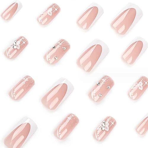Foccna Long Press on Nails Nude Square Clear Fake Nails French Animal Print
