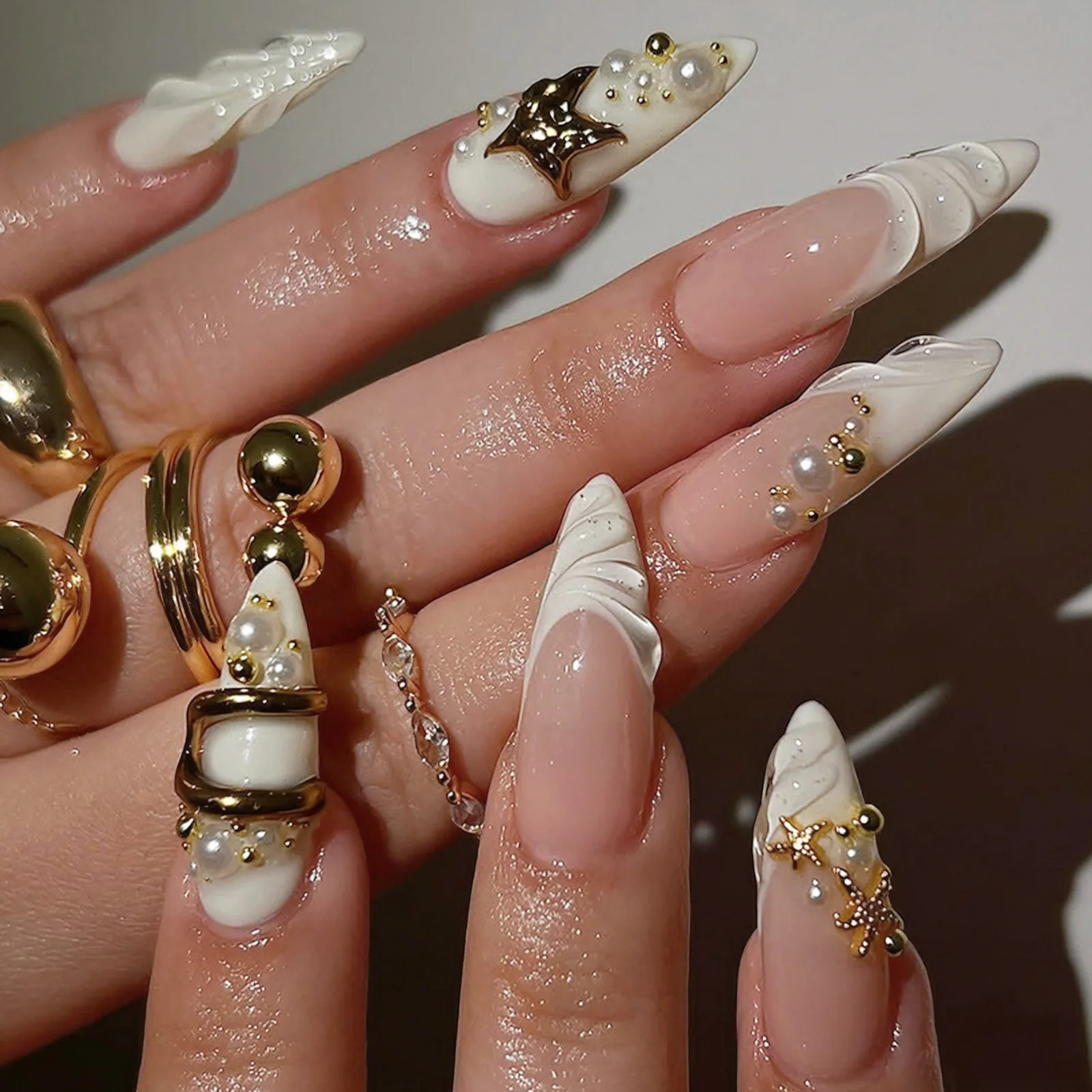30Pcs 3D Texture Almond Press On Nails For Daily Party Wedding