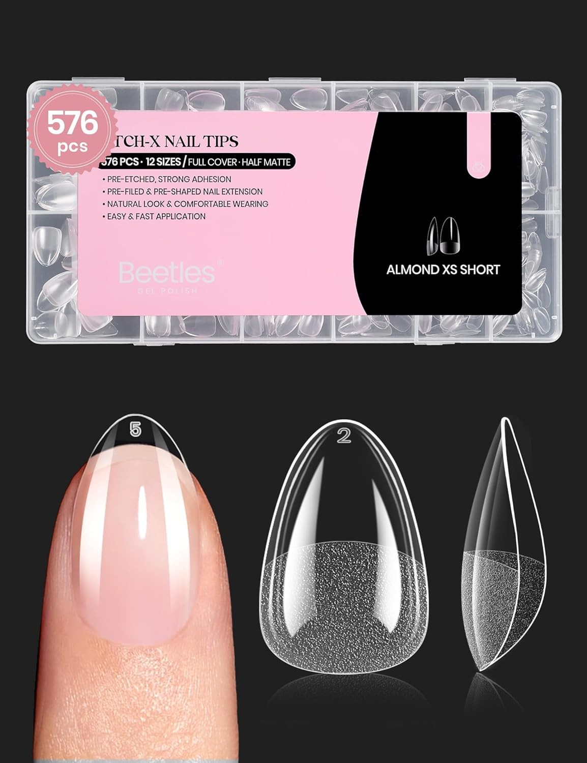 Beetles Gel Nail Tips 576Pcs Extra Short Almond Fake Nails Etch-X Half Matte…