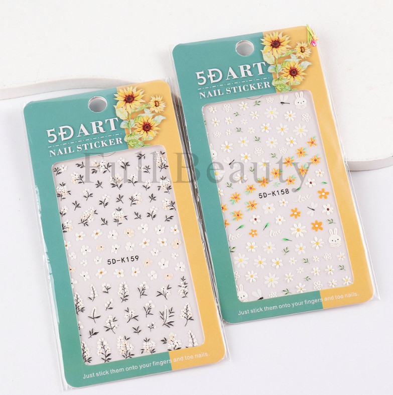 2 Sheets 5D Embossed Love Flower Bunny Daisy Fingers Toe Nail Art Stickers NS25