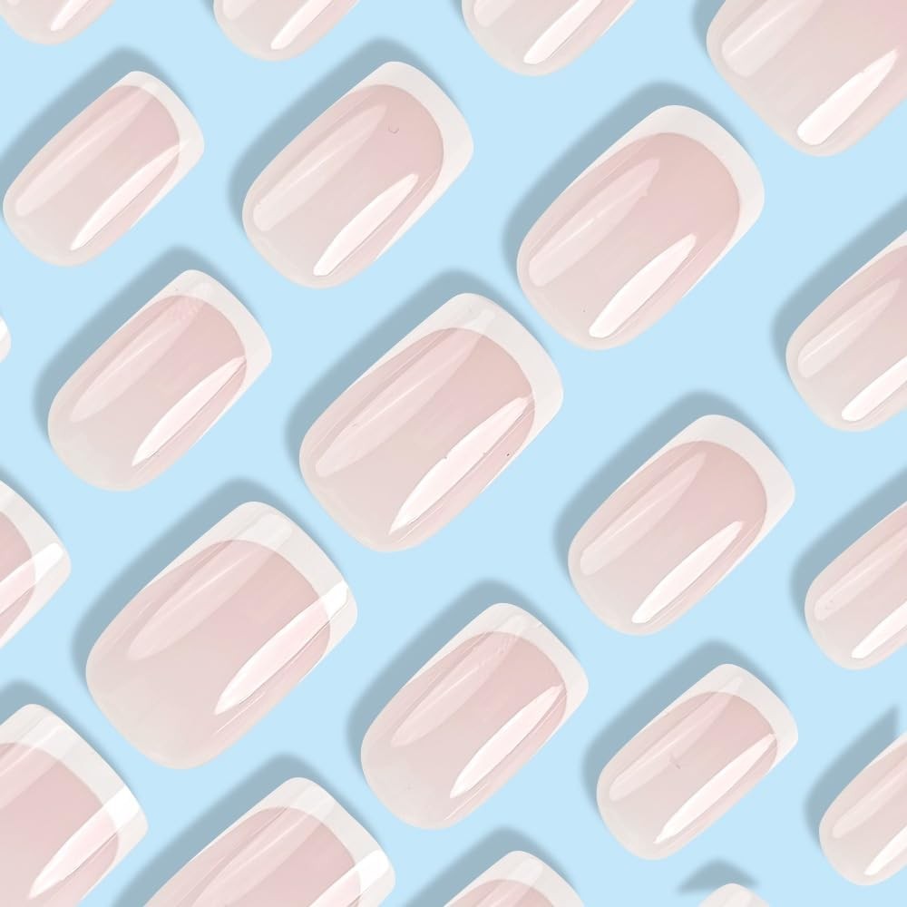 White French Tip Press on Nails – Short Square Light Pink Fake Nails, Glossy …