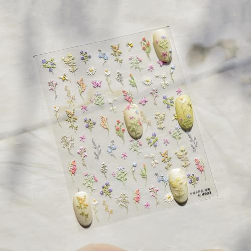 5D Embossed Flower Nail Stickers Daisy Nail Art Stickers Summer Floral Style 4
