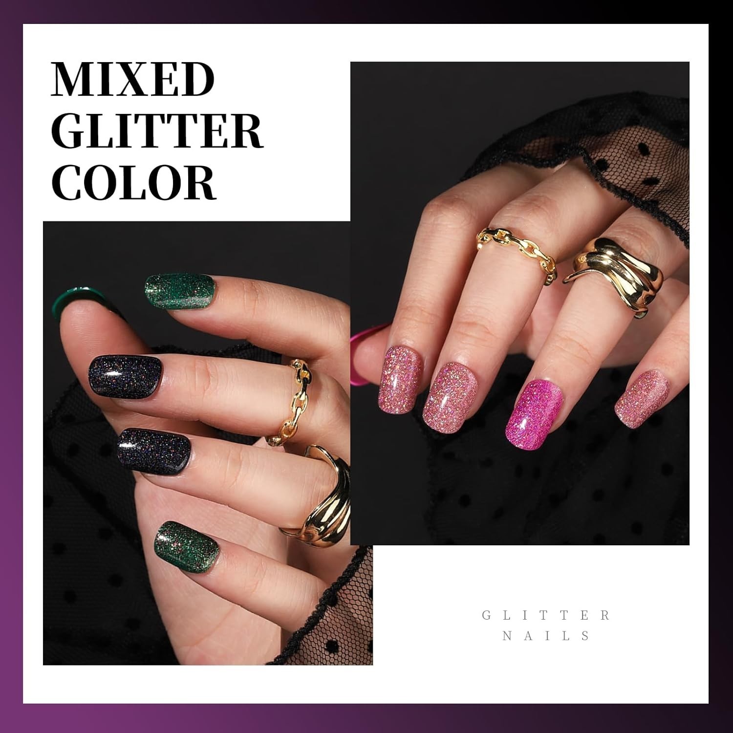 Glitter Short Square False Nails 288 Pieces with Nail Glue and File for Styling